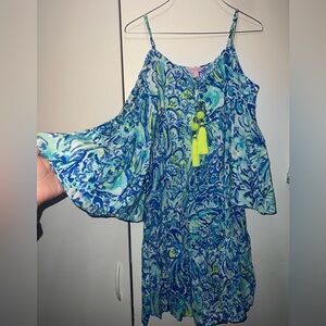 Blue and Green Floral strap Off -Shoulder Dress, neon colors